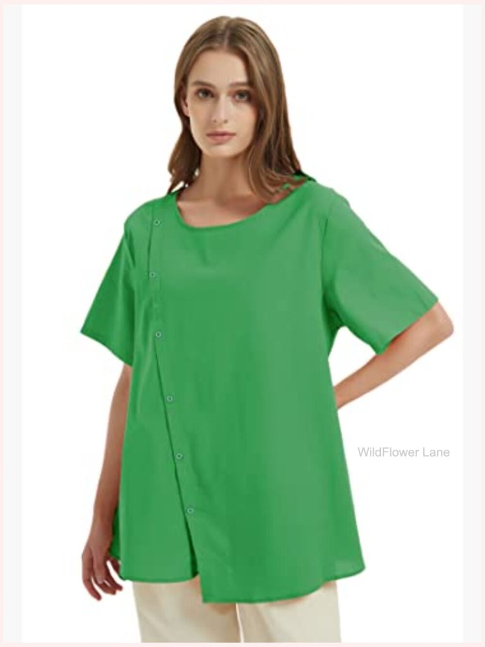 Linen Tunic Blouse Short Sleeve Button Front Top - Picture 2 of 4